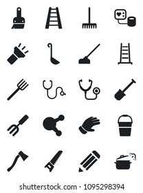 Set of vector isolated black icon - pencil vector, garden fork, shovel, farm, rake, ladder, bucket, glove, saw, hoe, axe, stethoscope, blood pressure, share, themes, torch, ladle, steaming pan