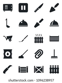 Set of vector isolated black icon - safe vector, trowel, rake, wheelbarrow, hoe, garden knife, scalpel, cargo container, oil barrel, pause button, paper clip, heater, dish, ladle, radiator