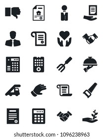 Set of vector isolated black icon - ladder car vector, handshake, document, garden fork, glove, saw, heart hand, client, finger down, contract, estate, waiter, remote control, combination lock