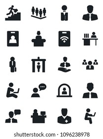 Set of vector isolated black icon - security gate vector, reception, team, manager place, doctor, client, speaker, identity card, desk, career ladder, estate agent, waiter, pass, man with notebook