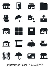 Set of vector isolated black icon - umbrella vector, shop, checkroom, store, package, mail, folder, copybook, document, book, mailbox, open close, home control, jalousie, garage gate, door
