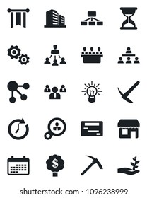 Set of vector isolated black icon - team vector, meeting, hierarchy, consumer search, gear, clock, pennon, idea, calendar, schedule, social media, money tree, storefront, office building, hard work