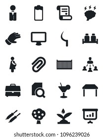 Set of vector isolated black icon - brainstorm vector, contract, glove, sickle, pregnancy, cargo container, monitor, battery, case, paper clip, document search, hierarchy, fruit tree, table, waiter