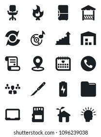 Set of vector isolated black icon - phone vector, growth statistic, notebook pc, contract, fire, scalpel, medical calendar, sd, folder, place tag, music, charge, update, office chair, warehouse