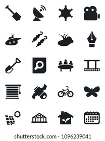 Set of vector isolated black icon - document search vector, meeting, job, shovel, butterfly, greenhouse, pond, bike, satellite, antenna, film frame, video, ink pen, sun panel, kebab, eco house