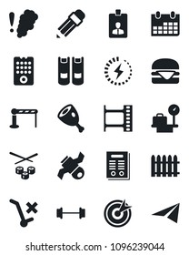 Set of vector isolated black icon - barrier vector, luggage scales, identity card, book, calendar, fence, barbell, satellite, no trolley, film frame, charge, pencil, contract, ham, hamburger, sushi