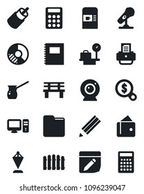 Set of vector isolated black icon - coffee machine vector, luggage scales, pennant, circle chart, printer, fence, bench, microphone, rca, folder, notes, copybook, calculator, pencil, turkish, pc