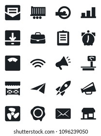 Set of vector isolated black icon - case vector, stamp, scales, tomography, truck trailer, clipboard, heavy, loudspeaker, alarm, mail, download, wireless, bar graph, alcove, fan, rocket, paper plane