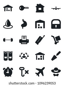 Set of vector isolated black icon - plane vector, suitcase, alarm clock, book, trowel, house, water drop, barbell, stomach, cargo, no hook, warehouse, lock, hr, printer, key, dress code