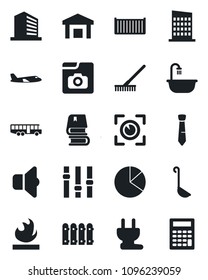 Set Of Vector Isolated Black Icon - Airport Bus Vector, Plane, Office Building, Rake, Cargo Container, Warehouse, Flammable, Settings, Photo Gallery, Pie Graph, Tie, Book, Fence, Bathroom, Ladle