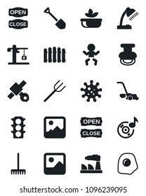 Set of vector isolated black icon - baby vector, job, factory, farm fork, fence, rake, lawn mower, virus, satellite, traffic light, gallery, music, desk lamp, stamp, crane, salad, open close