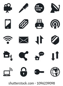 Set of vector isolated black icon - satellite antenna vector, wireless notebook, lock, mail, pen, shield, video camera, cell phone, share, network, data exchange, printer, key, hot dog, home control
