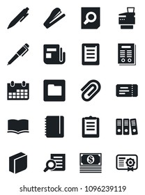 Set of vector isolated black icon - ticket vector, book, document search, pen, notepad, calendar, clipboard, news, folder, paper clip, blank box, binder, copier, contract, stapler, cash, certificate
