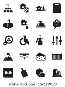 Set of vector isolated black icon - reception bell vector, disabled, garden sprayer, mobile tracking, cargo container, tuning, record, house with tree, estate insurance, mailbox, cutting board