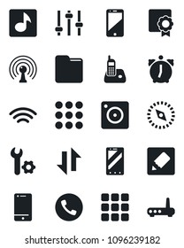 Set of vector isolated black icon - phone vector, mobile, antenna, cell, radio, menu, camera, tuning, alarm, folder, notes, data exchange, wireless, compass, music, sertificate, root setup, router