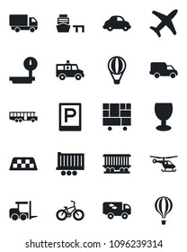 Set of vector isolated black icon - taxi vector, airport bus, parking, fork loader, helicopter, ambulance car, bike, railroad, plane, truck trailer, delivery, sea port, consolidated cargo, fragile