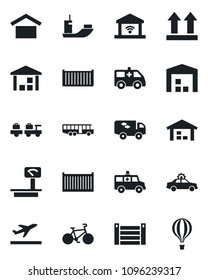Set of vector isolated black icon - departure vector, airport bus, alarm car, baggage larry, ambulance, bike, sea shipping, cargo container, warehouse storage, up side sign, heavy scales, moving