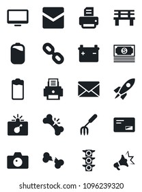 Set of vector isolated black icon - bomb in case vector, camera, mail, printer, garden fork, bench, broken bone, cash, traffic light, monitor, chain, battery, rocket, advertising