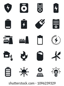 Set of vector isolated black icon - factory vector, fire, remote control, speaker, battery, low, rca, protect, charge, sun panel, home, windmill, alarm led, idea