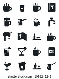 Set of vector isolated black icon - hot cup vector, coffee machine, water supply, alcohol, wine card, cocktail, phyto bar, beer, turkish