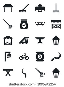 Set of vector isolated black icon - ladder car vector, rake, sickle, garden light, picnic table, fertilizer, bike, restaurant, alcove, outdoor lamp