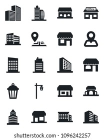 Set of vector isolated black icon - shop vector, office building, garden light, navigation, store, city house, cafe, storefront