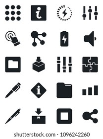 Set of vector isolated black icon - package vector, sorting, settings, touch screen, stop button, menu, folder, charge, application, pen, sound, information, social media