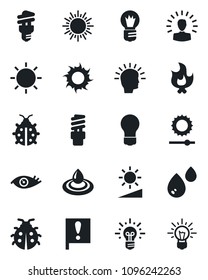 Set of vector isolated black icon - sun vector, bulb, lady bug, fire, eye, important flag, brightness, water, energy saving, shining head, idea