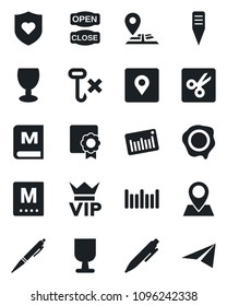 Set of vector isolated black icon - vip vector, pen, stamp, plant label, heart shield, navigation, pin, fragile, no hook, barcode, cut, place tag, sertificate, menu, open close, paper plane