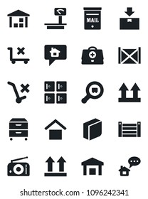 Set of vector isolated black icon - checkroom vector, doctor case, container, warehouse storage, up side sign, no trolley, package, heavy scales, search cargo, radio, blank box, archive, mailbox