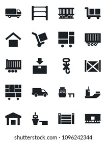 Set of vector isolated black icon - railroad vector, sea shipping, truck trailer, car delivery, port, container, consolidated cargo, warehouse storage, no hook, package, rack