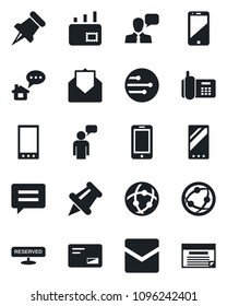 Set of vector isolated black icon - mobile phone vector, speaking man, office, network, cell, speaker, paper pin, mail, message, reserved, home, schedule