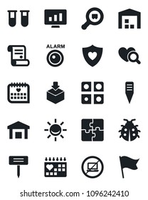 Set of vector isolated black icon - no laptop vector, statistic monitor, contract, lady bug, plant label, blood test vial, heart diagnostic, shield, medical calendar, warehouse, package, application