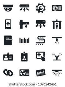 Set of vector isolated black icon - security gate vector, identity card, drip irrigation, barcode, chain, root setup, air conditioner, water heater, home control app, surveillance, sprinkler
