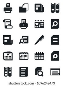 Set of vector isolated black icon - book vector, document search, pen, calendar, printer, contract, medical, folder, news, schedule