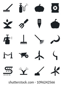 Set of vector isolated black icon - fence vector, garden fork, rake, wheelbarrow, hoe, sickle, plant label, pumpkin, sprayer, fertilizer, drip irrigation, windmill