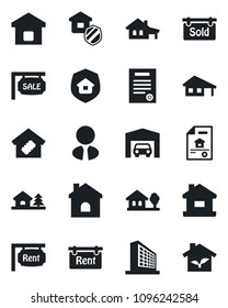 Set of vector isolated black icon - office building vector, house, contract, with garage, tree, estate document, sale, rent, sold signboard, agent, smart home, insurance, eco
