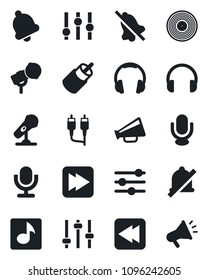 Set of vector isolated black icon - vinyl vector, microphone, loudspeaker, settings, headphones, fast forward, rewind, rca, tuning, bell, mute, music, advertising