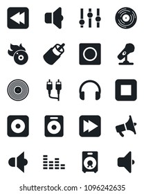 Set of vector isolated black icon - vinyl vector, flame disk, microphone, speaker, loudspeaker, settings, equalizer, headphones, stop button, fast forward, rewind, rec, rca, record, sound