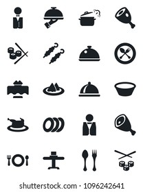 Set of vector isolated black icon - spoon and fork vector, waiter, dish, restaurant table, serviette, cafe, plates, chicken, kebab, ham, bowl, steaming pan, sushi