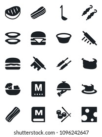Set of vector isolated black icon - menu vector, salad, plates, bacon, waiter, chicken, steak, kebab, hamburger, ladle, bowl, rolling pin, sushi, cheese