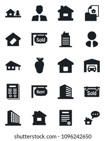 Set of vector isolated black icon - office building vector, house, real heart, contract, with garage, tree, estate document, rent, sold signboard, agent, smart home, city, message