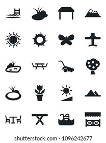 Set of vector isolated black icon - cafe vector, sun, flower in pot, lawn mower, butterfly, pond, picnic table, brightness, pool, fruit tree, mountains, restaurant, alcove