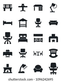 Set of vector isolated black icon - cafe vector, bed, desk, bench, office chair, lamp, bedroom, children room, cushioned furniture, fireplace, restaurant table, alcove