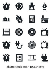 Set of vector isolated black icon - alarm clock vector, tv, abacus, stamp, fireplace, film frame, vinyl, flame disk, ink pen, house with tree, power plug