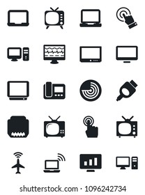 Set of vector isolated black icon - plane radar vector, wireless notebook, pc, statistic monitor, pulse, tv, touch screen, laptop, hdmi, intercome