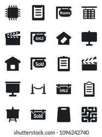 Set of vector isolated black icon - fence vector, flight table, presentation board, clipboard, clapboard, sale, rooms, sold signboard, smart home, cutting, chip
