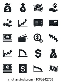 Set of vector isolated black icon - credit card vector, safe, dollar sign, money bag, crisis graph, cash, receipt, growth, search, investment