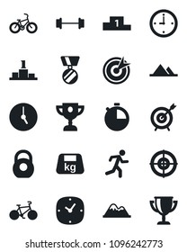 Set of vector isolated black icon - medal vector, barbell, bike, run, heavy, clock, stopwatch, target, mountains, pedestal, award cup