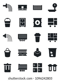 Set of vector isolated black icon - trash bin vector, checkroom, bucket, watering, railroad, truck trailer, cargo container, consolidated, package, oil barrel, heavy scales, archive box